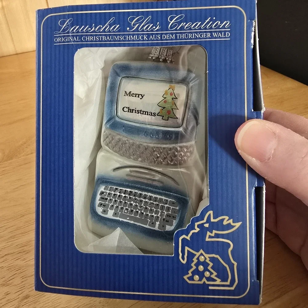 German Hand Blown Glass Computer Ornament Lauscha Merry Christmas Box